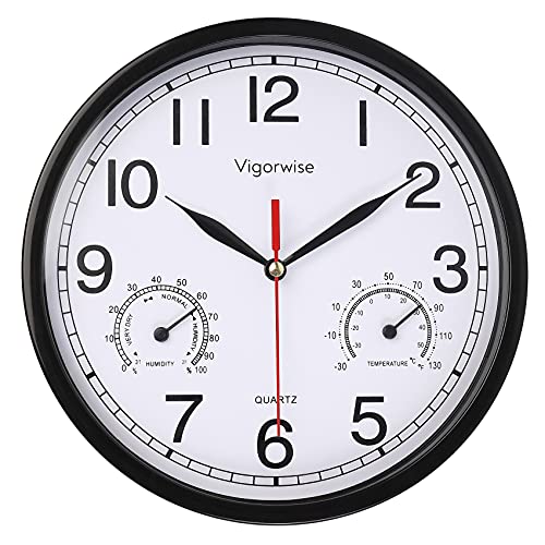 Wall Clock, Sweep Silent Movement Accurate Clocks with Temperature & Humidity, Decorative for Kitchen/Living Room/Bedroom/Office/School/Classroom (Black, 8 inch)