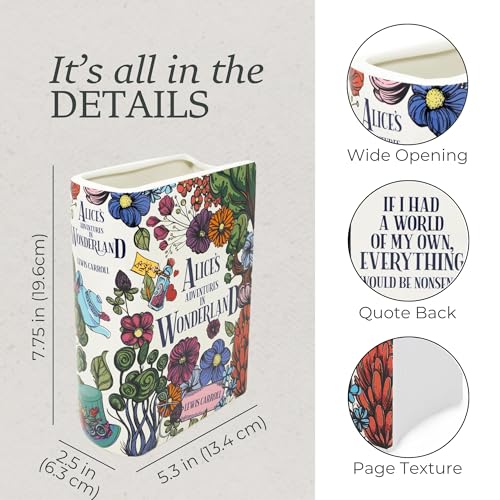 Steel Mill and Co. Ceramic Book Vase - Alice in Wonderland Decorative Vase for Flowers - Bookish Decor Bookshelf