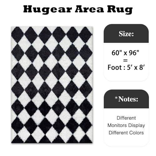 HUGEAR Checkered Rug 5x8 Living Room Black White Modern Shag Rug Soft Fluffy Washable Indoor Carpet Fuzzy Vacuumable Rugs for Bedroom Home Decor Non Slip