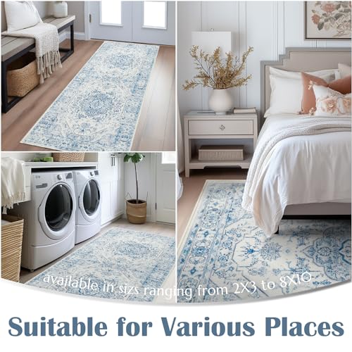 jinchan 5x7 Vintage Floral Washable Area Rug, Blue/White