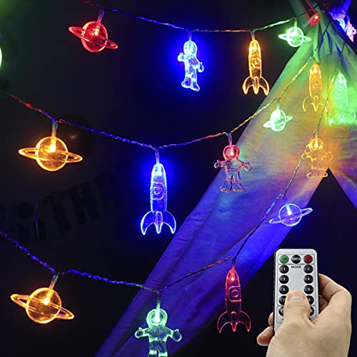 Children's Room LED String Lights with Remote 20 LED 11 FT 8 Modes Battery Operated Space String Lights with Rocket Spaceship Astronaut Pendants Holiday Party Lights for Kids Room Multicolor