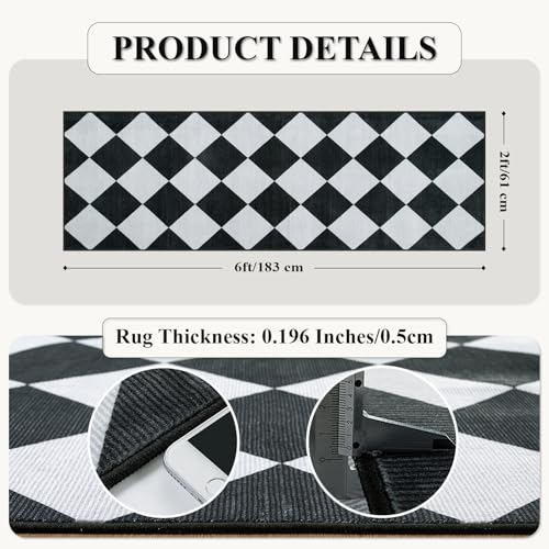 Checkered Print Black Bathroom Runner Rug 2x6, Washable Ultra Thin Non Slip Laundry Room Rug Moroccan Stain Resistant Kitchen Runner, Modern Trellis Carpet for Hallway Bedroom Entryway Decor