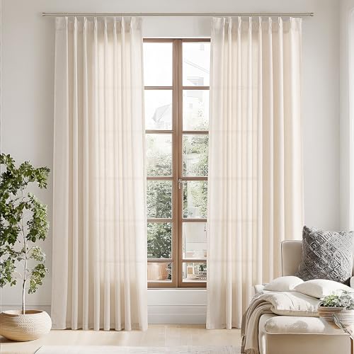 Linen Pinch Pleated Curtains 84 Inch Length for Living Room 2 Panels Semi Sheer Curtain with Hooks Neutral Boho Farmhouse Light Filtering Privacy Window Drapes for Bedroom Natural Cream Beige 52x84
