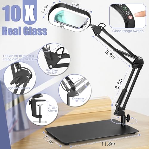 Drdefi 10X Square Magnifying Glass with Light and Stand, Real Glass LED Lighted Magnifier, 5 Color Modes Stepless Dimmable, Hands-Free Mag Desk Lamp with Clamp for Reading Craft Hobby Close Work Black
