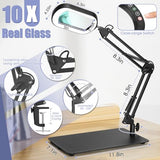 Drdefi 10X Square Magnifying Glass with Light and Stand, Real Glass LED Lighted Magnifier, 5 Color Modes Stepless Dimmable, Hands-Free Mag Desk Lamp with Clamp for Reading Craft Hobby Close Work Black