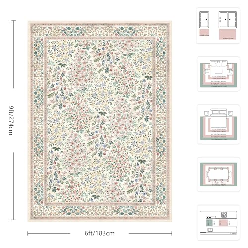 6x9 Area Rugs, Machine Washable Low Pile Floral Rugs for Living Room, Bedroom, Large Boho Area Rug with Non-Slip Backing for Dining Room(Pink Floral)
