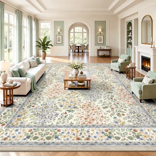 10x14 Large Area Rugs, Machine Washable Low Pile Floral Rugs for Living Room, Bedroom, Boho Style with Non-Slip Backing Nursery Rug(Beige Floral)