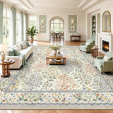 10x14 Large Area Rugs, Machine Washable Low Pile Floral Rugs for Living Room, Bedroom, Boho Style with Non-Slip Backing Nursery Rug(Beige Floral)