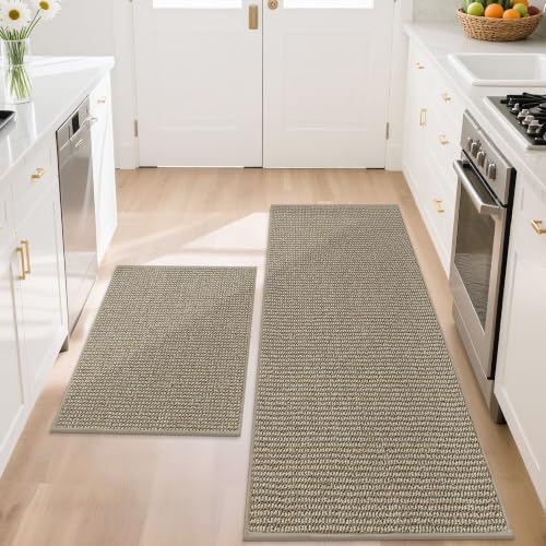 BEQHAUSE Kitchen Rugs and Mats 2PCS Non-Slip, 20"x32"+20"x48", Light Beige