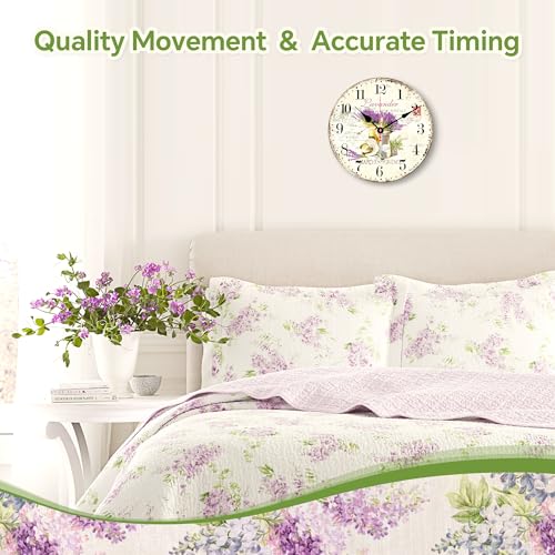 TAHEAT Lavender Wall Clock, Small Vintage Floral Provence Kitchen Clocks, Retro Rustic Battery Operated Wall Clocks for Living Room Bedroom Bathroom Office, 8 Inch