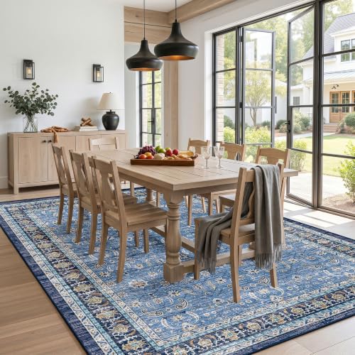 Blue Farmhouse Area Rugs 8x10, Washable Upgraded Non-Slip Living Room Rug, Vintage Distressed Floral Print Pattern Low Pile Carpet for Bedroom, Dining Room, Home Office, Kitchen, Blue Multi
