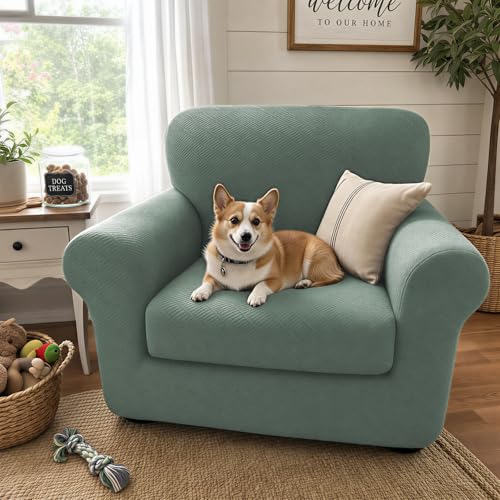 XINEAGE New 2 Pieces Chair Covers with Arms Super Stretch Chair Slipcover for Living Room Pet Dog Universal Slip Cover Anti Slip Armchair Furniture Protector (Pea Green), 31"-46"(1 Cushion)
