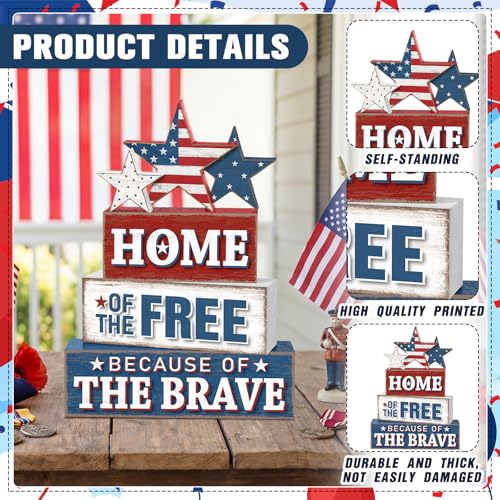 Yuntau 4 Pcs 4th of July Patriotic Table Decor Home of The Free Because of The Brave Wood Sign Red White Blue Table Centerpiece 250th Anniversary Independence Day Decor for Home Indoor Office Shelf