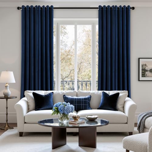 EMEMA Navy Blue Velvet Curtains 84 Inch Length 2 Panels Set, Elegant Blackout Curtains for Bedroom, Grommet Thermal Insulated Soundproof Room Darkening Window Drapes for Living Room W42 x L84