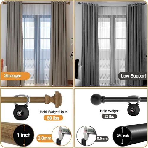 Wood Curtain Rods for Windows 32 to 88 Inch, 1 Inch Diameter Wood Decorative Treatment Single Window Curtain Rods - Square Imitation Wood Grain Finial 1 Pack