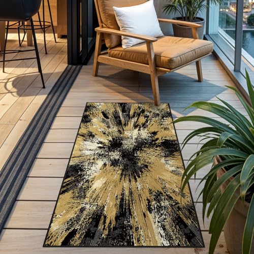 2x4 Runner Rug Washable Entryway: Non Slip Abstract Carpet Black Gold