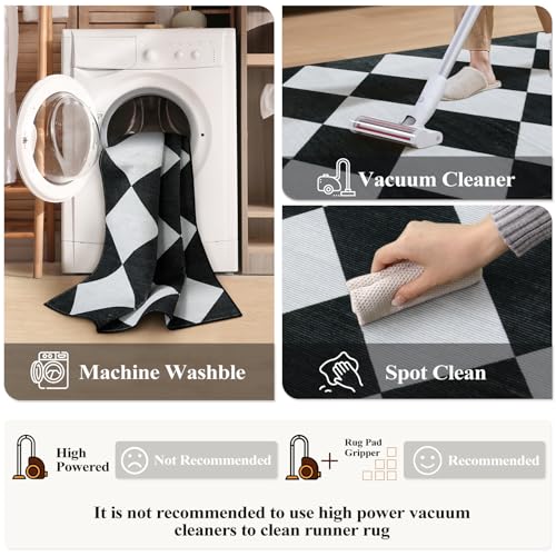 Checkered Print Runners for Hallways 2.5x8, Ultra Thin Black Kitchen Runners Non Skid Washable 8 ft, Modern Diamond Stain Resistant Low Pile Carpet for Bathroom Entryway Bedroom Laundry
