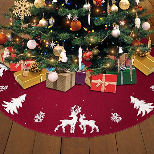LOMOHOO Tree Skirt 36 inches Knitted Christmas Tree Skirts Red 3D Elk Knit Thick Rustic Tree Skirts Xmas Holiday Ornaments Indoor Outdoor Christmas Decoration