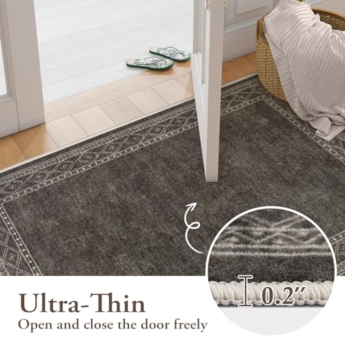 Lahome Modern Bordered Machine Washable Rug, Ultra-Thin Soft 3x5 Rugs for Entryway Bedroom, Non-Slip Stain Resistant Small Carpet for Laundry Entry（3'x 5',Brown
