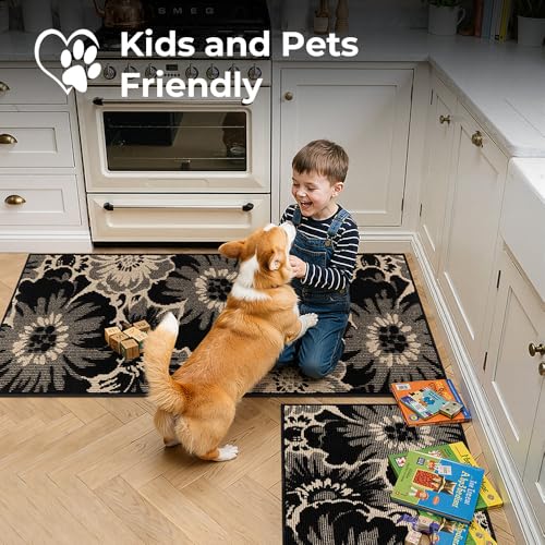 Findosom Hallway Runner Rug 3x10, Non Slip High-Low Textured Floral Washable Runner Rug with Rubber Backing, Boho Carpet Runner for Kitchen, Entryway, Bedroom, Laundry, Black & Beige
