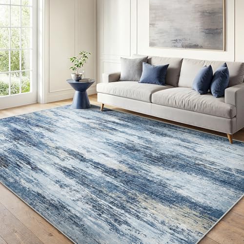 6x9 Area Rug Living Room, Modern Abstract Washable Indoor Carpet Blue