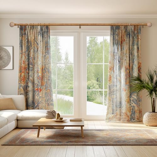 QDWIS Wood Curtain Rods for Windows 48 to 84 Inch,1'' Diameter Drapery Rods with Imitation Wood Grain Leaf Pattern Finials,Boho Adjustable Heavy Duty Curtain Rods Set,36-88'',Color:Natural Wood