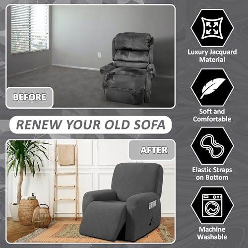 ULTICOR 4-Piece, 1 Seat Recliner Cover, Jacquared Stretch Reclining Chair Covers for 1 Cushion Reclining Sofa, Single Seat Recliner Couch Cover, Soft, Machine Washable (Style 4) (Dark Grey)