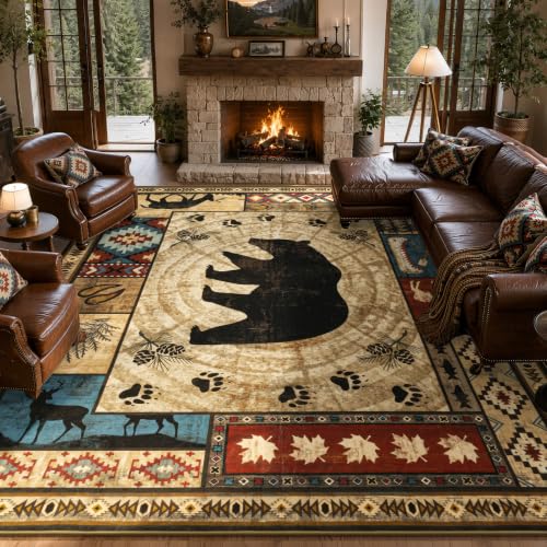 LOKHOM Rustic Cabin Area Rug 8x10, Non-Slip Western Rugs for Living Room