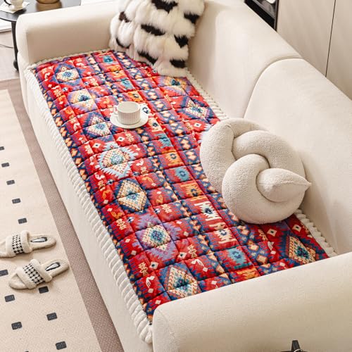 Boho Couch Cover for Pets Super Soft Sofa Covers for Cats & Dogs Washable Sofa SlipCover Furniture Couch Protector for Living Room(35" x 71", Red)