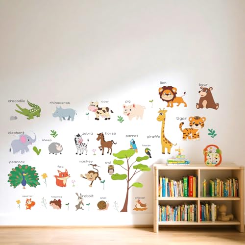 LOMILY Animal Learning Wall Stickers, Educational Cute Animal Wall Decals for Nursery Playroom Daycare, Wall Decor for Toddler Baby Boys Girls