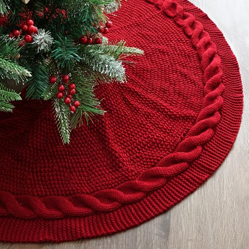 36 Inch Christmas Tree Skirt: Pencil Tree Skirt for 6FT Tree, Cable Knit Wine Red Small Tree Skirt, Vintage Tree Skirts, Rustic Farmhouse Christmas Decorations