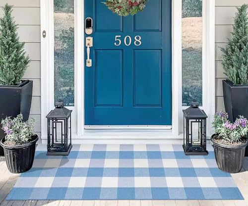 Light Blue and White Outdoor Rug 2'X4.3' Buffalo Plaid Checked Front Porch Rug Cotton Woven Washable Rug Layering Doormat for Welcome Door Mat Entryway Dining Room Bedroom Living Room