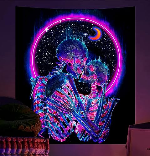 TUGCAY Blacklight Skull Tapestry Glow in the Dark Tapestry Kissing Lovers Tapestries Skeleton Neon Trippy Moon Stars Vertical Posters Wall Hanging Decor for Bedroom Aesthetic – 51.2” x 59.1”