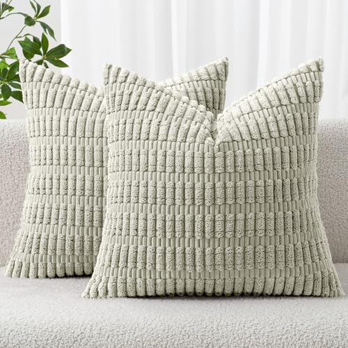 MIULEE Euro Sham Corduroy Decorative Throw Pillow Covers 24x24 Light Green