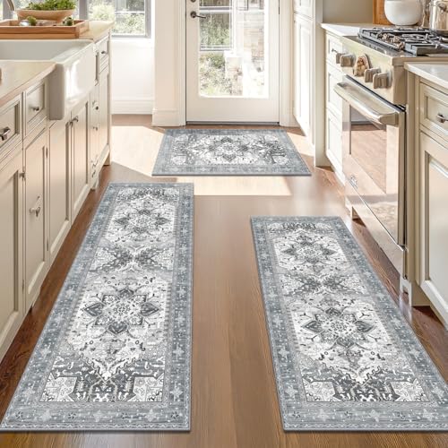Washable Kitchen Runner Rugs Set of 3 with Non Slip Rubber Backing