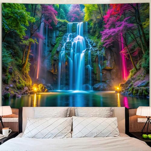 Miytal Blacklight Waterfall Tapestry - UV Reactive Glow in the Dark Neon Forest Wall Hanging, Vibrant Nature Landscape Wonderland for Bedroom, Living Room Decor - 51.2" x 59.1"