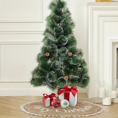 AerWo Christmas Tree Skirt 36 Inch, Burlap Tree Skirt Printed with White Snowflake and Merry Christmas Decor, Brown Tree Skirt for Christmas Decorations New Year Holiday Party Supply Indoor Outdoor
