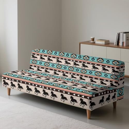 Aztec Tribal Horse Futon Covers, Armless Sofa Covers, Stretch Sofa Bed Cover, Washable Futon Slipcover Furniture Protector for Kids, Pets, Dog and Cat
