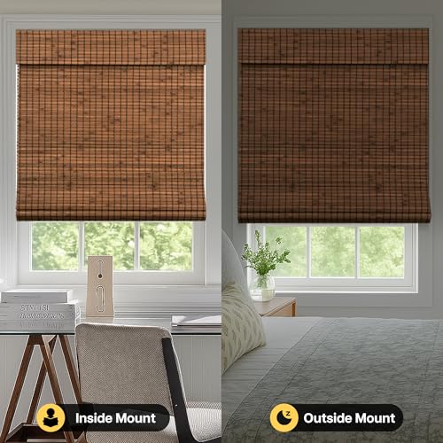 LazBlinds Cordless Blackout Bamboo Roman Shades, Room Darkening Blinds for Interior Windows, Thermal Insulated Roll Up Bamboo Blinds for Home & Patio, 34" W x 64" H, Penang Teak