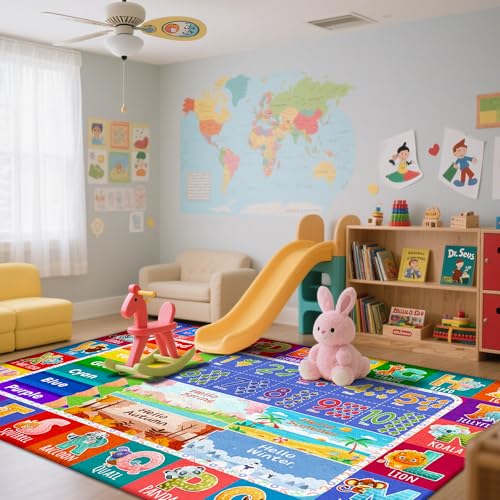 5x7 Kids Rug for Classroom & Playroom - ABC Alphabet Educational Area Rug with Animals Numbers & Colors - Non-Slip Carpet Playmat for Nursery Preschool Elementary