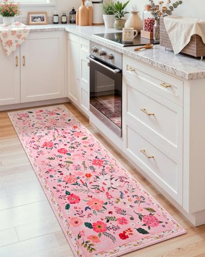 Floral Area Rug for Kitchen, Washable 2x6 Pink Runner Rugs