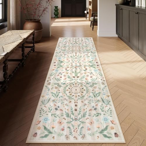 Lahome Washable Insect Botanical 2'6"x8 Runner Rug for Entryway - Machine Washable Non-Slip Hallway Runner Rug, Beige Boho Low Profile Soft Faux Wool Carpets for Bedroom, Hallway, Laundry, Kitchen