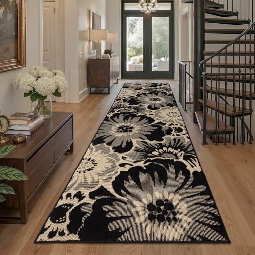 Findosom Hallway Runner Rug 3x10, Non Slip High-Low Textured Floral Washable Runner Rug with Rubber Backing, Boho Carpet Runner for Kitchen, Entryway, Bedroom, Laundry, Black & Beige