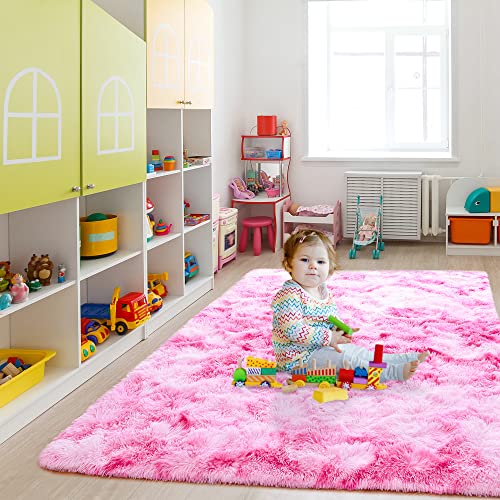 4x6 Tie-Dyed Pink Area Rug for Kids Bedroom Living Room, Fluffy Shag Soft Plush Furry Carpet, Non-Slip Indoor Floor Mat for Dining Room Home Decor