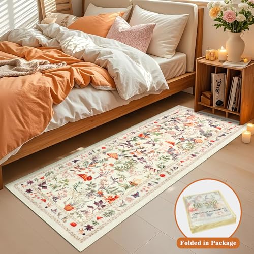 nesrt Cute Runner Rugs for Hallway 2x6ft, Non Slip Fantasy Kitchen Rug Washable, Soft Thin Jungle Fox Bedside Runners, Cute Woodland Accent Floor Carpet for Bedroom Hall Bathroom Laundry (Beige)