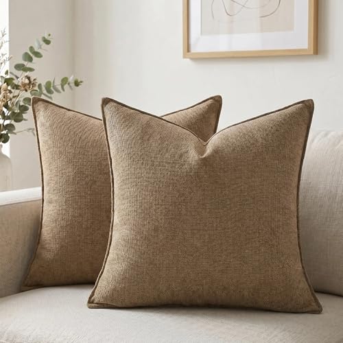 Fancy Homi Set of 2 Brown 20x20 Inch Soft Chenille Decorative Throw Pillow Covers with Flange Edge, Square Neutral Modern Boho Textured Cushion Case Home Decor for Couch Sofa Bed Living Room