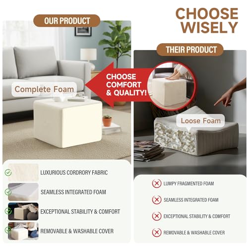 Tiita Square Stuffed Pouf Ottoman, Plush Poufs with Foam Chunk Filling, Foot Rest Stool for Living Room, Cream
