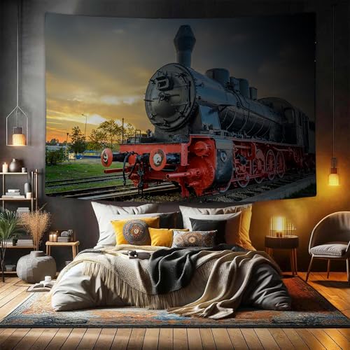 DYNH Steam Train Tapestry, Old Engine Train on Railroad Track Tapestries,Natural Scenery Sunset Sunrise Wall Hanging Home for Bedroom Living Room Dorm,60X40 Inches