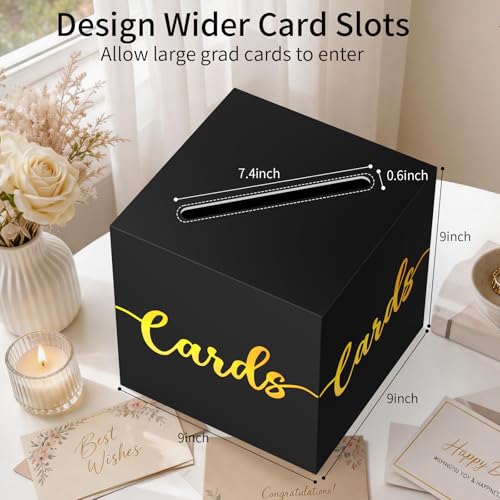 OLANRUN Gift Card Box, 9" Graduation Gold Foil Card Box, Black and Gold Party Decorations for Wedding, Birthday, Baby & Bridal Shower, Anniversary, Retirement