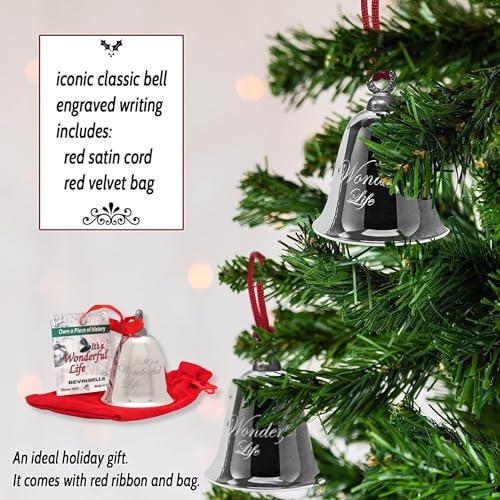 Bevin Bells “It’s a Wonderful Life” Silver-Plated Christmas Tree Ornament | Official Movie Bell Keepsake | Red Ribbon & Velvet Gift Bag Decoration, Christmas Decoration, Wedding Gifts